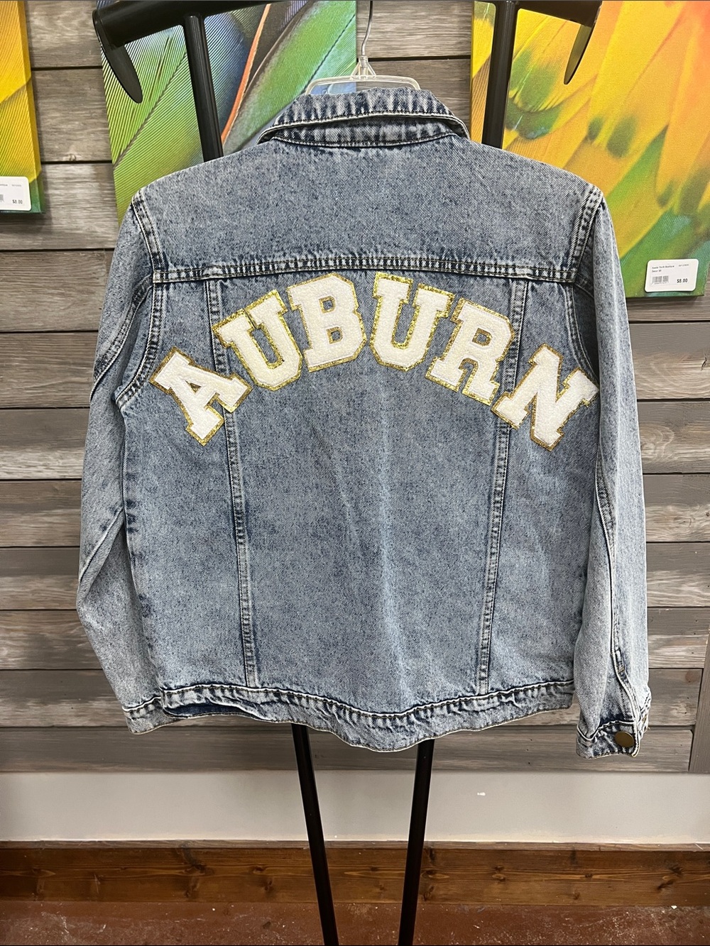 Light Blue Denim Jean Jacket with White & Gold 'Auburn' Appliqué